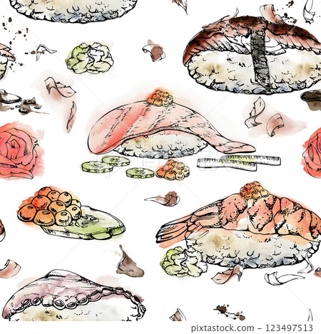 Traditional Japanese food, nigiri sushi raw fish, tamagoyaki tako octopus, tuna salmon unagi shrimp, hand drawn in watercolor, ink. Seamless pattern for restaurant, cafe menu, kitchen, recipe book Traditional Japanese food, nigiri sushi raw fish, tamagoyaki tako octopus, tuna salmon unagi shrimp, hand drawn in watercolor, ink. Seamless pattern for restaurant, cafe menu, kitchen, recipe book 123497513