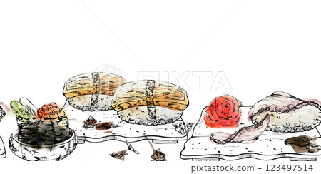 Traditional Japanese food, nigiri gunkan sushi served on plate with raw fish omelette octopus caviar, hand drawn in watercolor and ink. Seamless banner for restaurant, cafe menu, kitchen, recipe book Traditional Japanese food, nigiri gunkan sushi served on plate with raw fish omelette octopus caviar, hand drawn in watercolor and ink. Seamless banner for restaurant, cafe menu, kitchen, recipe book 123497514