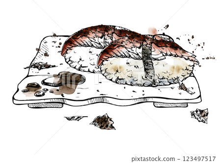 Japanese food nigiri sushi set on ceramic plate, raw fish unagi smoked eel on rice ball, nori flakes, soy sauce drops hand drawn in watercolor, ink. Illustration for restaurant, cafe menu, recipe book 123497517