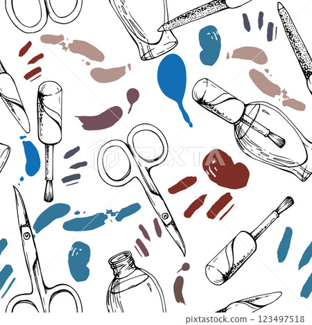 Manicure pedicure cuticle polish varnish lacquer color splashes, nail file emery board, scissors. Isolated seamless pattern, vector hand drawn ink sketch. Beauty parlor illustration, cosmetics shop Manicure pedicure cuticle polish varnish lacquer color splashes, nail file emery board, scissors. Isolated seamless pattern, vector hand drawn ink sketch. Beauty parlor illustration, cosmetics shop 123497518