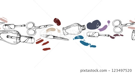 Manicure pedicure cuticle polish varnish lacquer splashes, nail file emery board, scissors. Isolated seamless banner, line vector sketch hand drawn in ink. Beauty parlor illustration, cosmetics shop 123497520