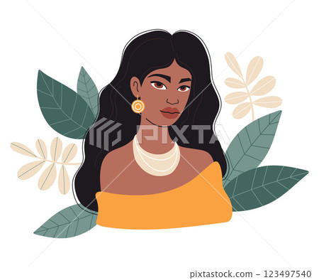 Pretty African American Woman with long hair. Female Modern Ethnicity Portrait with leaves. Minimalist Vector illustration in flat style 123497540