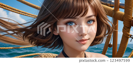 A beautiful girl with short hair traveling by boat 123497599