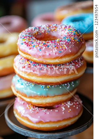 Tall Stack of Pink Glazed Donuts with Colorful Sprinkles 123497654
