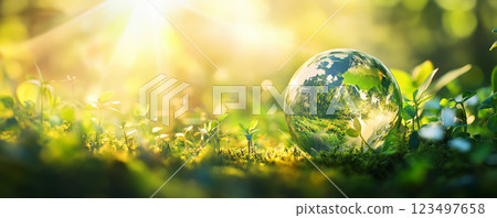 Glass Globe with Growing Plants Reflecting Earths Fragile Ecosystem 123497658