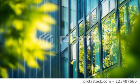 Green leaves reflecting on modern glass building facade 123497660