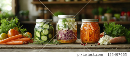 Vibrant Jars of Fermented Vegetables on a kitchen table 123497665