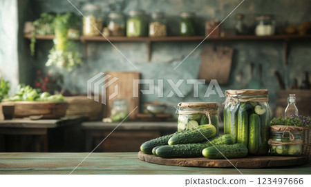 Rustic Kitchen with Jars of Homemade Pickles 123497666