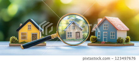 Focused house under magnifying glass with multiple homes in background. 123497676