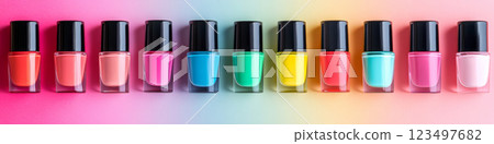 Vivid Nail Polish Bottles Aligned on Gradient Pastel Background 123497682