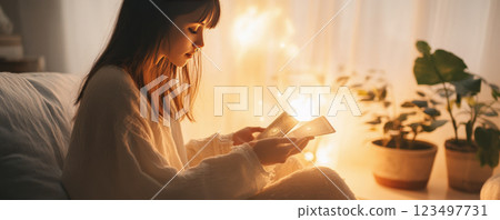 Woman Reading Tarot Cards in Candlelit Room 123497731