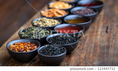 Variety of Gourmet Loose Tea Blends in Circular Containers 123497732