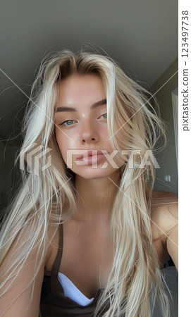 Blonde Woman with Messy Hair in Casual Attire 123497738