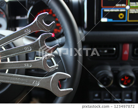 Car Repairing Concept. Steel Wrenches In Front Of Steering Wheel And Central Panel In Car Interior 123497872