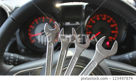 Four Different Size Chrome Spanners In Front Of Defocused Instrument Cluster With Red Backlight Four Different Size Chrome Spanners In Front Of Defocused Instrument Cluster With Red Backlight 123497874