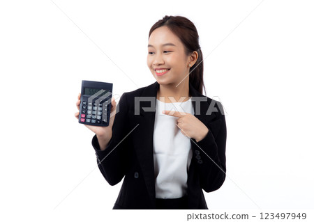 Portrait young asian businesswoman using calculator for calculate expense and budget for saving. Portrait young asian businesswoman using calculator for calculate expense and budget for saving. 123497949