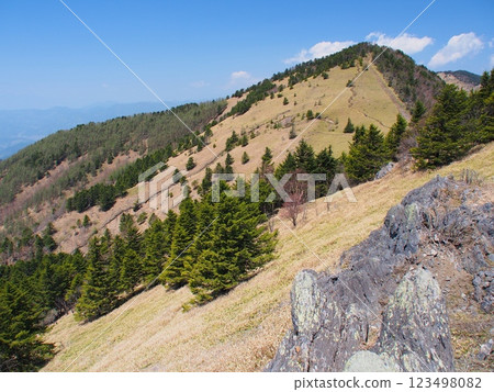 Spring view of the Daibosatsu mountain range - View of Mt. Kumazawa from Mt. Tengudana 123498082