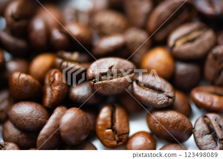 A close-up view of assorted roasted coffee beans, showcasing a rich, deep brown color and unique textures, perfect for coffee lovers. A close-up view of assorted roasted coffee beans, showcasing a rich, deep brown color and unique textures, perfect for coffee lovers. 123498089