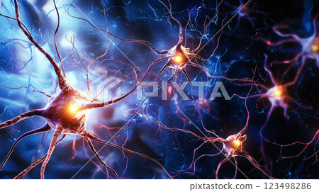 A stunning photorealistic depiction of neurons firing electrical impulses between brain cells. Generative AI A stunning photorealistic depiction of neurons firing electrical impulses between brain cells. Generative AI 123498286