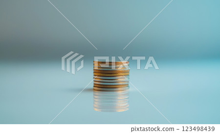 A neatly arranged stack of coins sits slightly off-center on a clean white surface, creating a balanced and minimalist composition. Generative AI 123498439
