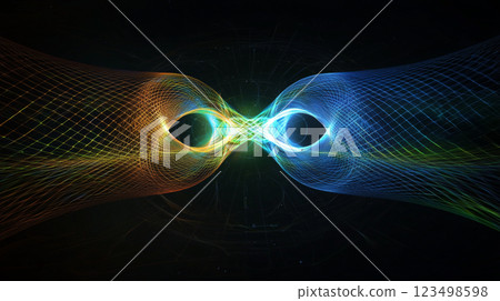 A visual representation of the principle of quantum entanglement, where two particles remain connected across vast distances. Generative AI 123498598