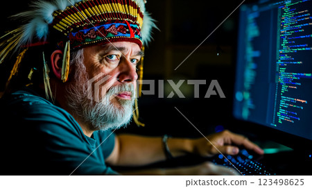 A man wearing a native american headdress sitting in front of a computer 123498625