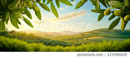 A bunch of green olives hanging from a tree in a field A bunch of green olives hanging from a tree in a field 123498628