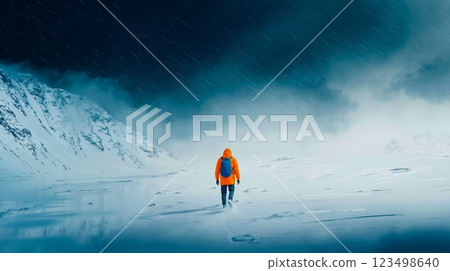 A person in an orange jacket walking across a snow covered field A person in an orange jacket walking across a snow covered field 123498640