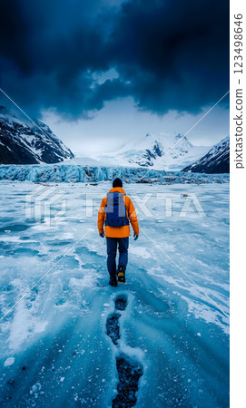 A person walking across a frozen lake with mountains in the background 123498646