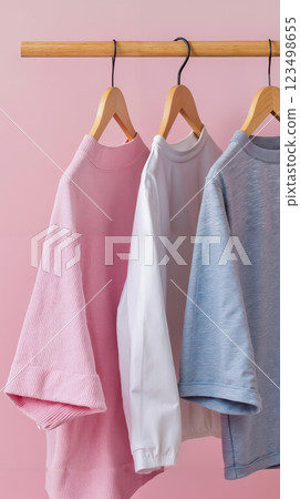 Three shirts hanging on a wooden hanger against a pink background Three shirts hanging on a wooden hanger against a pink background 123498655