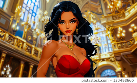 A woman in a red dress standing in a large room 123498660