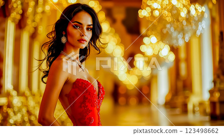 A woman in a red dress standing in a hallway 123498662