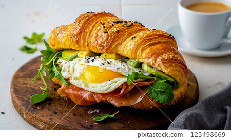 A croissant sandwich with a fried egg on top of it A croissant sandwich with a fried egg on top of it 123498669