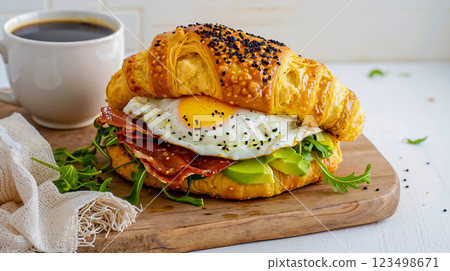 A croissant sandwich with a fried egg on top of it next to a cup of coffee 123498671