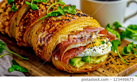 A croissant sandwich with a fried egg and avocado on a cutting board 123498673