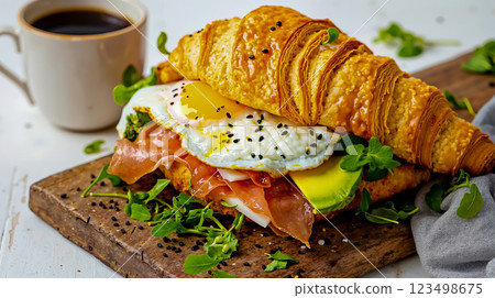 A croissant sandwich with a fried egg on top of it 123498675