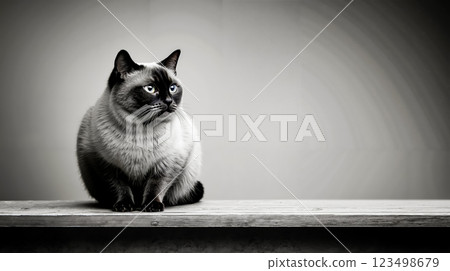 A black and white cat sitting on top of a wooden table 123498679