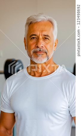 A man in a white shirt standing in front of a barbell 123498692