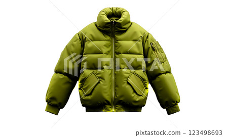 A green puffer jacket on a white background A green puffer jacket on a white background 123498693