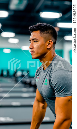 A man in a gray shirt is standing in a gym 123498695