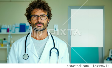 A man in a white lab coat with a stethoscope standing in a hospital room A man in a white lab coat with a stethoscope standing in a hospital room 123498712