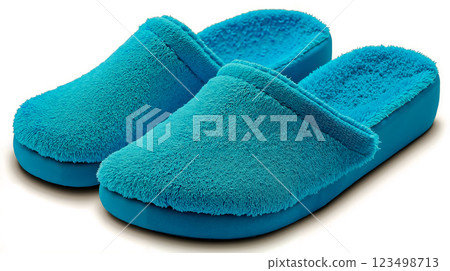 A pair of blue slippers on a white background 123498713