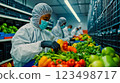 A group of people in protective gear working in a grocery store 123498717