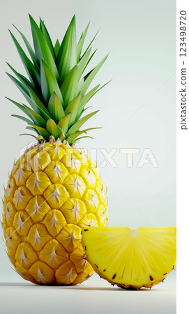 A pineapple with a slice cut in half next to it A pineapple with a slice cut in half next to it 123498720