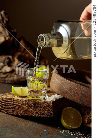 Tequila is poured from a bottle into a glass. 123498784