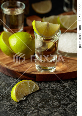 Gold tequila with salt and lime slices. 123498828