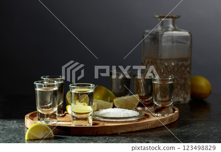 Gold tequila with salt and lime slices. 123498829