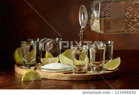Gold tequila with salt and lime slices. 123498830