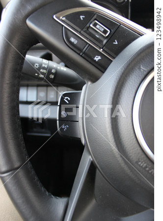 Phone And Voice Controls And Menu Mode Buttons On A Multifunctional Steering Wheel Phone And Voice Controls And Menu Mode Buttons On A Multifunctional Steering Wheel 123498942
