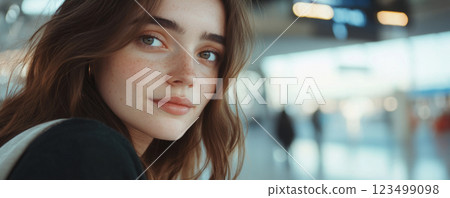 Young woman with backpack gazing at airport terminal 123499098